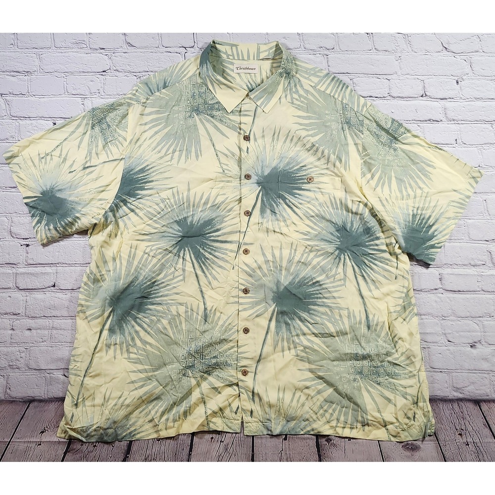 Caribbean Mens 3X Short Sleeve Rayon Tropical Palm Leaf Button Up Shirt Yellow